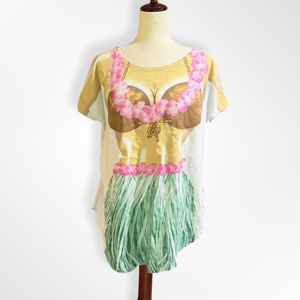 Vintage Novelty Hawaiian Hula Girl Oversized T-Shirt, Lei Coconut Swim Coverup
